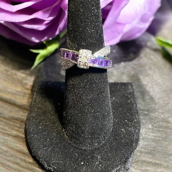 Sterling Silver Amethyst Ring Elegant Crossover Design Retro Gift Size 6 3/4 - Picture 1 of 9